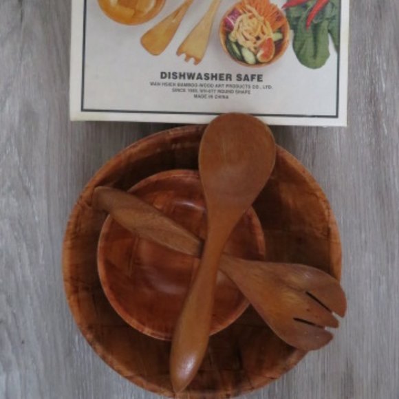 *Vintage* Royal Bamboo Wood 7 Piece Salad Set (K178) - Picture 3 of 7